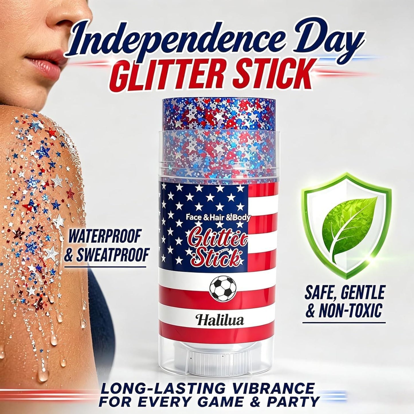 🏆 Halilua™ 4th of July Face & Body Glitter Stick – 🎉Sparkle Instantly for Parties, Fireworks, BBQs & Holiday Celebrations-LP