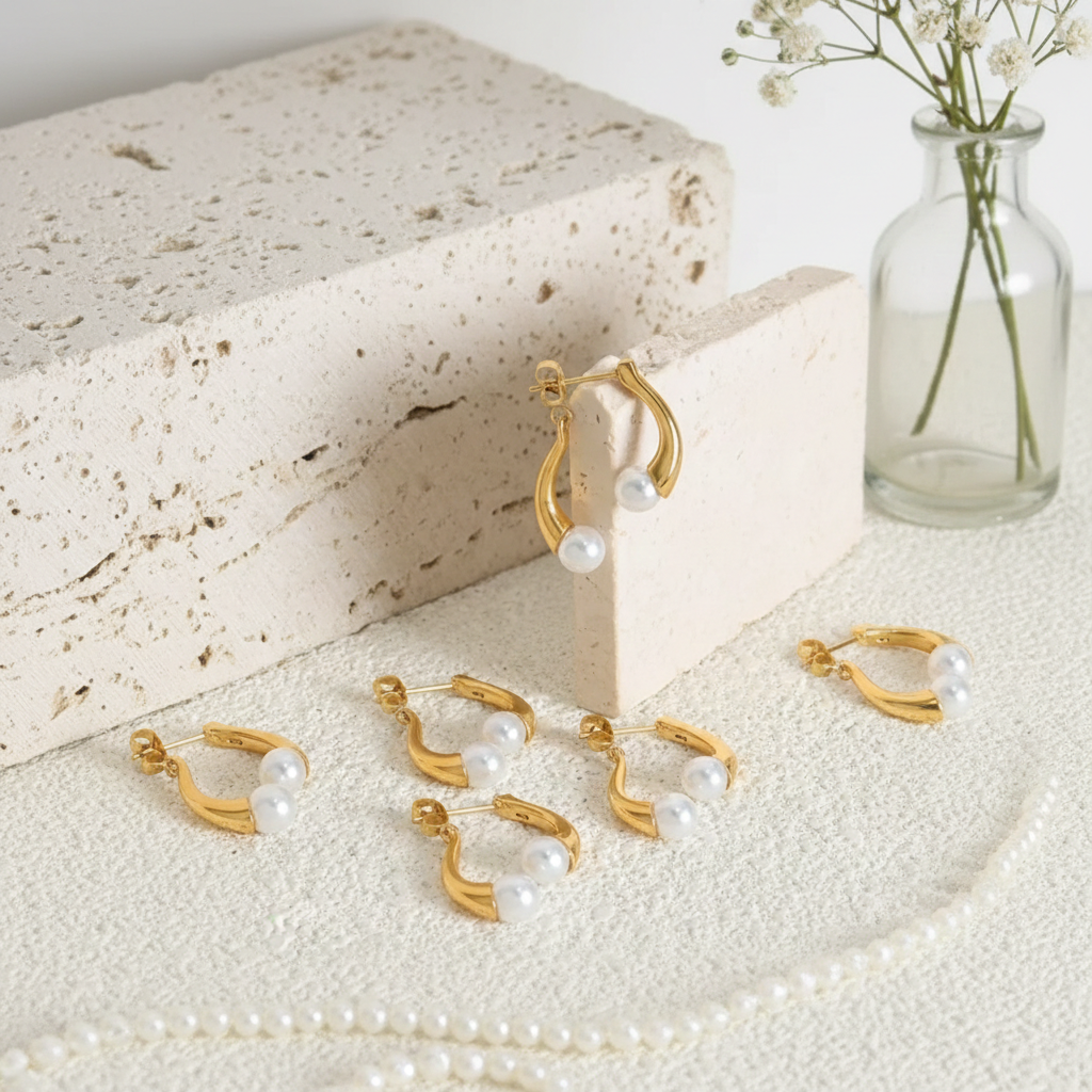 Elegant split design with high gloss pearl inlay simple titanium steel gold-plated earrings