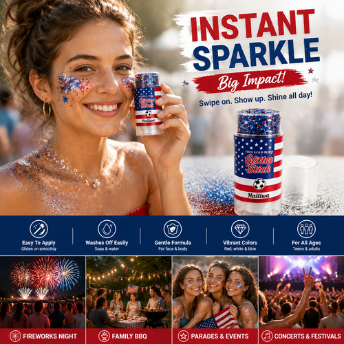 🏆 Halilua™ 4th of July Face & Body Glitter Stick – 🎉Sparkle Instantly for Parties, Fireworks, BBQs & Holiday Celebrations-LP