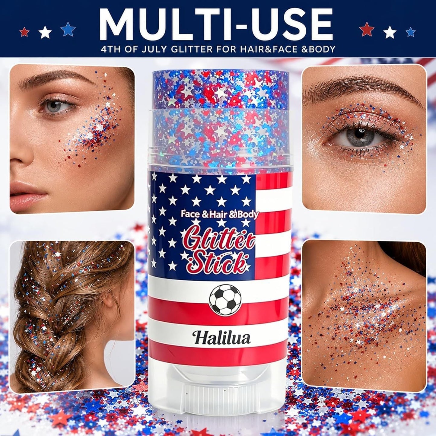 🏆 Halilua™ 4th of July Face & Body Glitter Stick – 🎉Sparkle Instantly for Parties, Fireworks, BBQs & Holiday Celebrations-LP